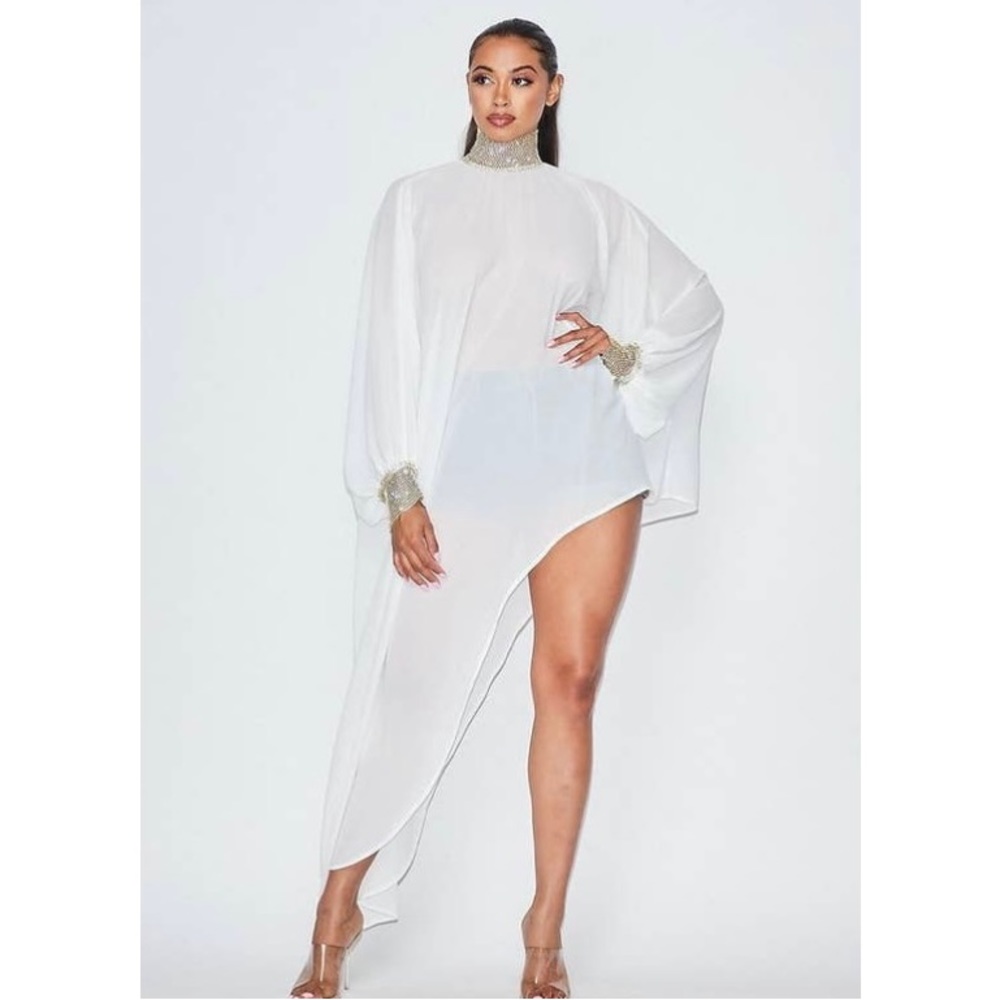 Asymmetrical Dress Rhinestone White One Size